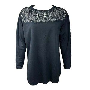 Ava & Viv Top Womens Plus Sz X Solid All Black Silver Glitter Embroidered Detail